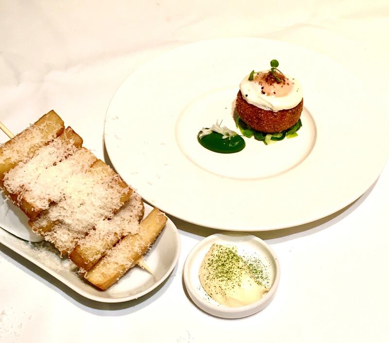 Chris Molloy’s fishcake with parsley sauce, soft hen egg, and truffle chips