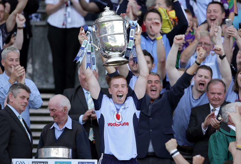 Dublin captain Johnny McCaffrey raises the O'Keeffe cup in 2013. 
Photograph: Morgan Treacy/Inpho