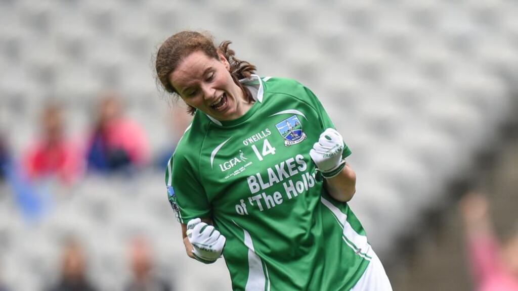 Fermanagh’s Sharon Murphy celebrates scoring the game-tying goal from a penalty during the TG4 Ladies’ Football All-Ireland Junior Championship Final against Derry at Croke Park. Photograph: Cody Glenn/Sportsfile