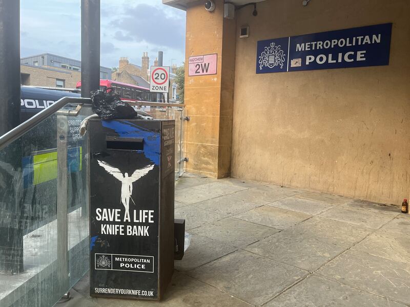 The knife amnesty bin stationed outside Brixton police station. Photograph: Mark Paul