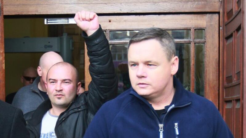 Water protesters Derek Byrne (left) and Paul Moore (right) after they and the other two jailed protesters, Bernie Hughes and Damien O Neill, were freed. Photograph: Collins