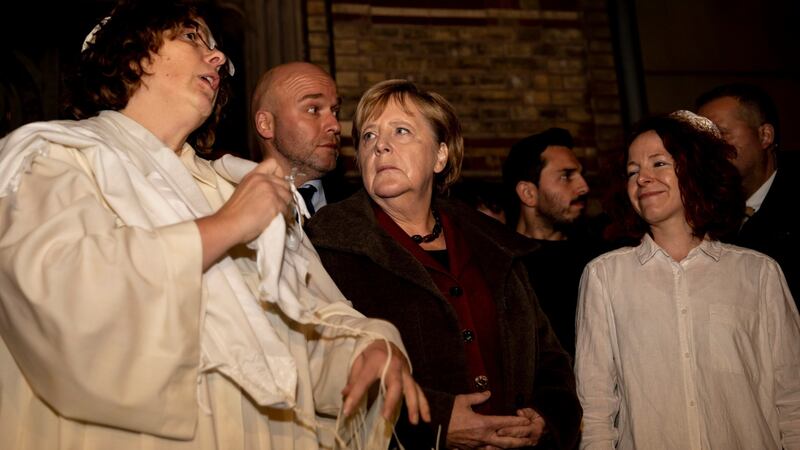German chancellor Angela Merkel attends a solidarity event at the Neue Synagoge in Berlin on Wednesday night. Photograph: Christoph Soeder/dpa via AP