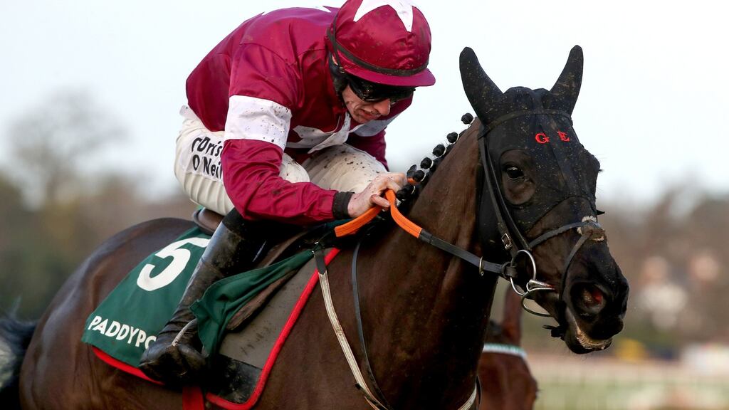 Delta Work ridden by Jack Kennedy on his way to winning the Paddy Power Irish Gold Cup during the Dublin Racing Festival at Leopardstown. Photograph: Bryan Keane/Inpho