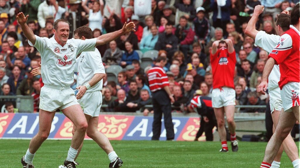Willie McCreery celebrates for Kildare after beating Louth during the Leinster Senior Football Championship quarter finals at Croke Park. File photograph: Alan Betson/The Irish Tiomes