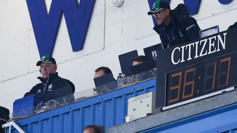 Declan Kidney and Les Kiss watch on during London Irish’s defeat to Gloucester. Photograph: Martin bennett/Inpho
