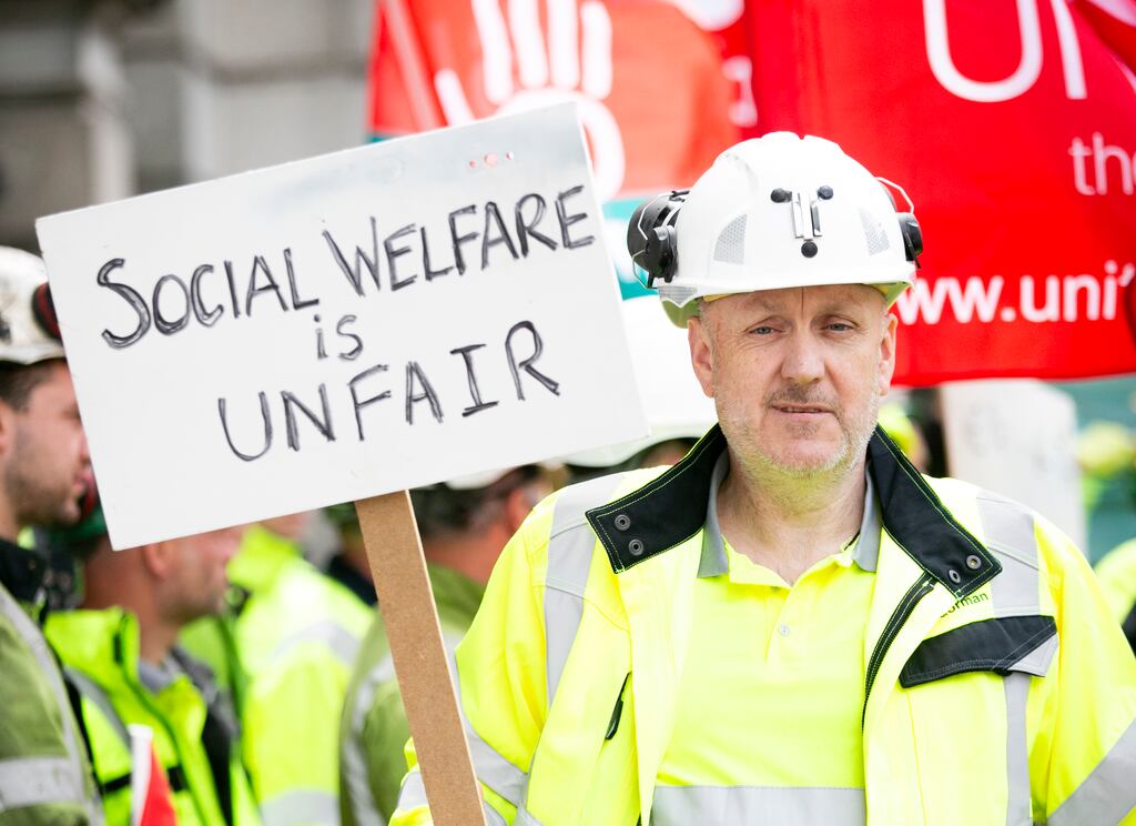 A Tara Mines worker protests after the shuttering of the operation in Co Meath. Unsuitably low levels of social welfare were highlighted at the time. Photograph: Gareth Chaney/ Collins Photos