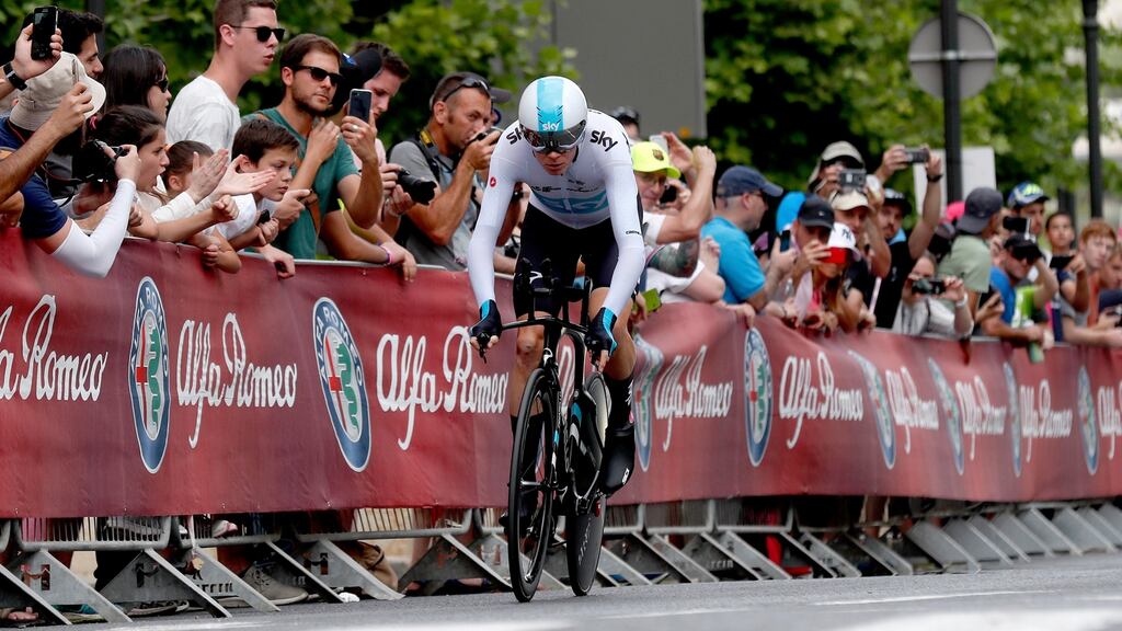 British cyclist Chris Froome in action during the first stage of the Giro d’Italia in Jerusalem, Israel. Photograph: Atef Safadi/EPA