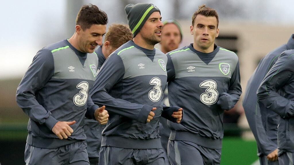 Stephen Ward, Darron Gibson and Seamus Coleman at the Republic of Ireland squad training session at the FAI National Training Centre, Abbotstown, Dublin, yesterday. Photograph: Donall Farmer/Inpho