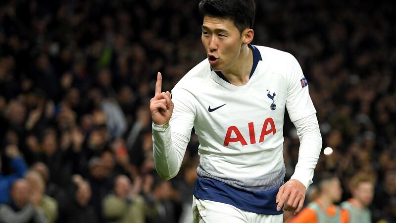 Son celebrates his winner against Manchester City. Photograph: Mike Hewitt/Getty