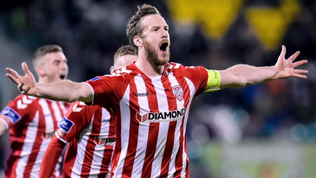 Derry City captain Ryan McBride celebrates scoring the winning goal against Shamrock Rovers at Tallaght Stadium, Dublin, on March 10th. Photograph: Tom Beary/Inpho