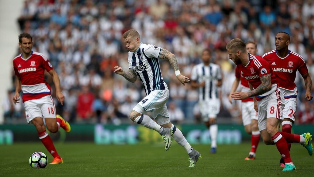 West Bromwich Albion’s James McClean gets away from Middlesbrough’s Adam Clayton (right) during the Premier League match at The Hawthorns. Photograph: Nick Potts/PA Wire