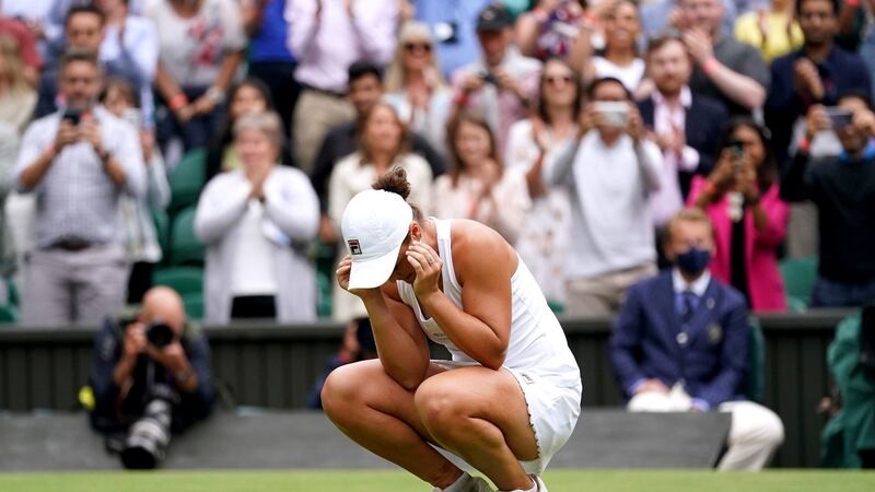 Australia’s Ashleigh Barty reacts after winning her women’s singles final match against Karolina Pliskova of the Czech Republic on Centre Court at Wimbledon. Photograph: Adam Davy/PA Wire