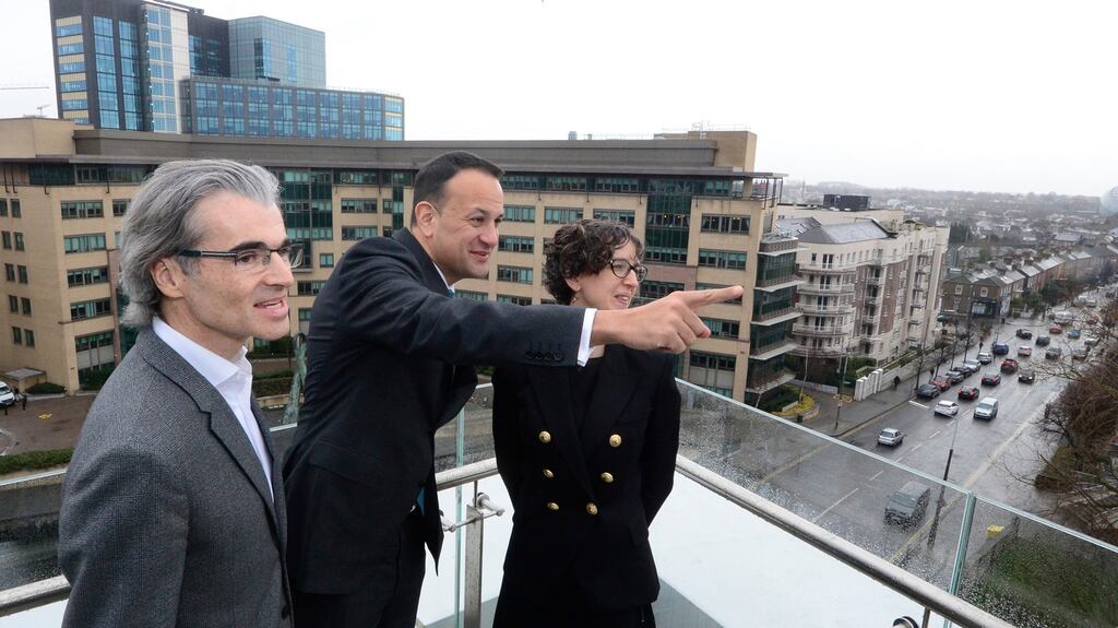 Taoiseach Leo Varadkar at Google’s Velasco building in Dublin on Thursday with Fionnuala Meehan, head of Google, and Gareth Morgan of Google cloud sales. Photograph: Cyril Byrne