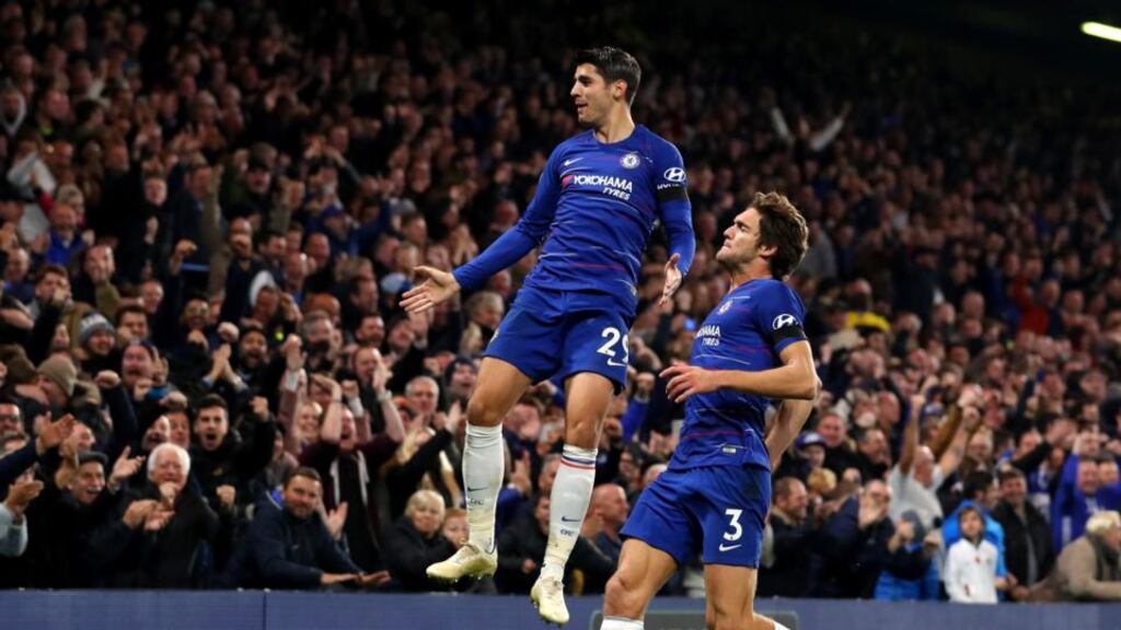 Alvaro Morata of Chelsea celebrates after scoring his team’s second goal during the Premier League win over Crystal Palace. Photo: Catherine Ivill/Getty Images