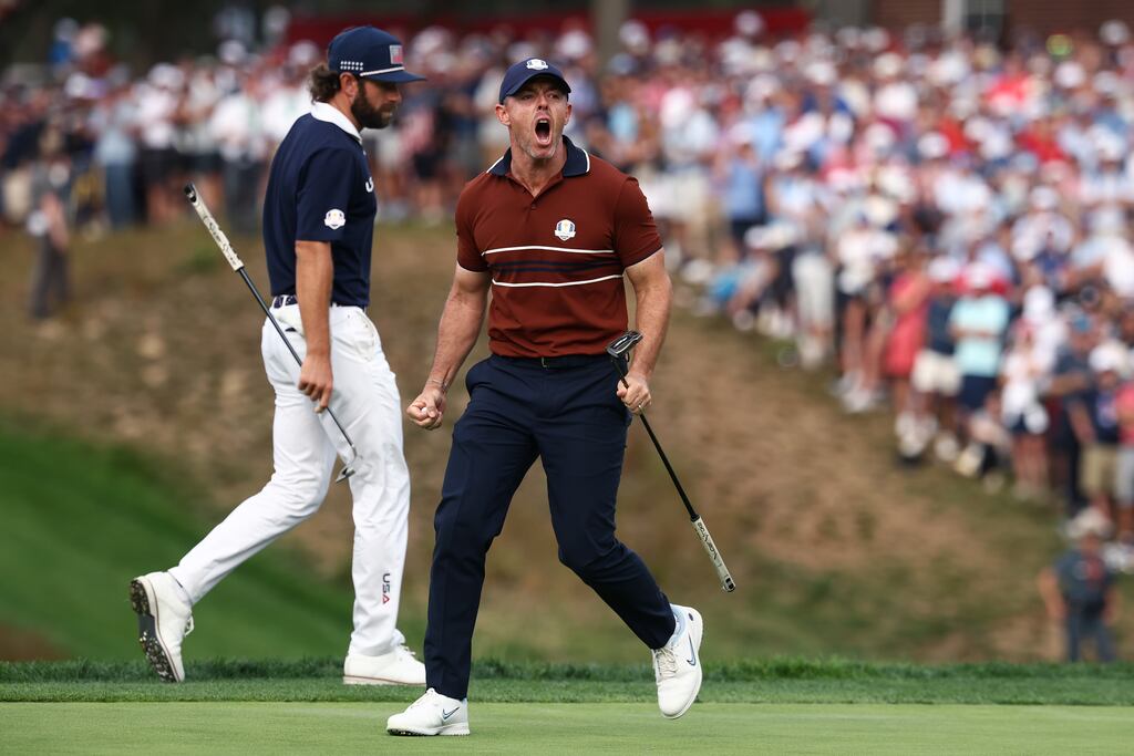 Europe's Rory McIlroy on the 14th green during Saturday's four-balls session. Photograph: Jared C Tilton/Getty Images