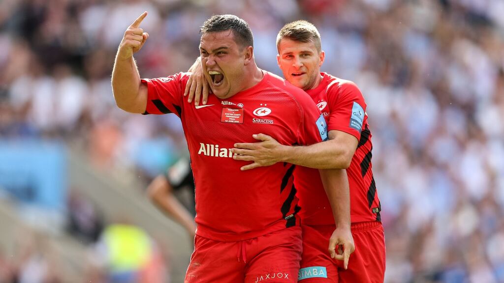 Saracens’ Jamie George celebrates scoring their fifth try during the Gallagher Premiership Final against Exeter at Twickenham. Photograph: Paul Harding/PA Wire