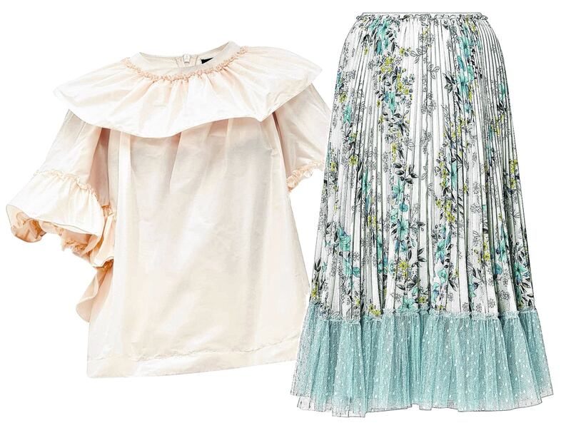Simone Rocha ruffled blouse, €545 at Havana Boutique in Donnybrook; Red Valentino pleated midi skirt, €795