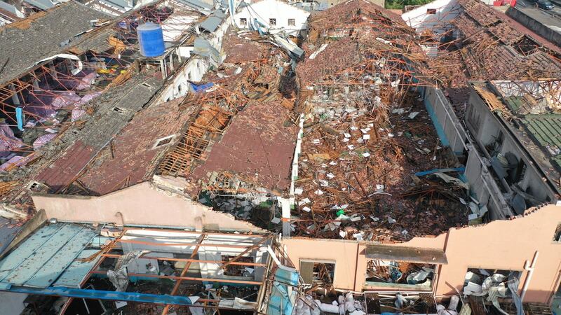 An aerial view of the aftermath of a tornado in Shengze township in the Suzhou area of Jiangsu province, where four people were killed and 149 injured. Photograph: Fang Dongxu/EPA
