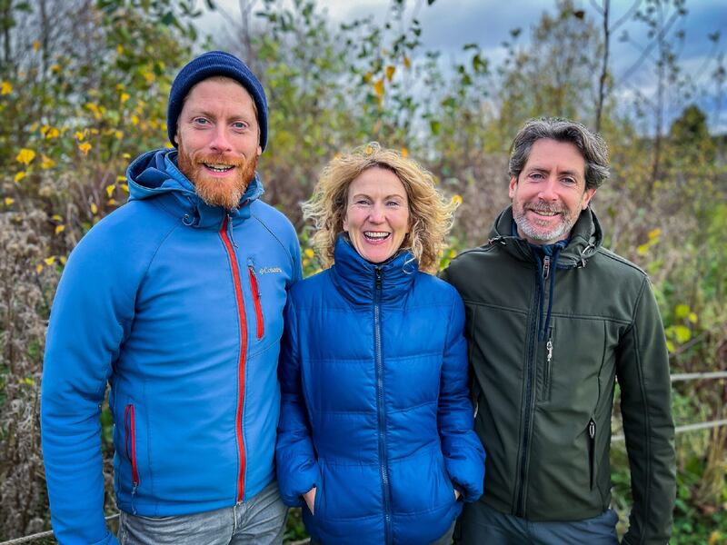 Home Grown: Presenter Kitty Scully with John (left) and Colm Galvin of Living Woodlands. Photograph: RTÉ