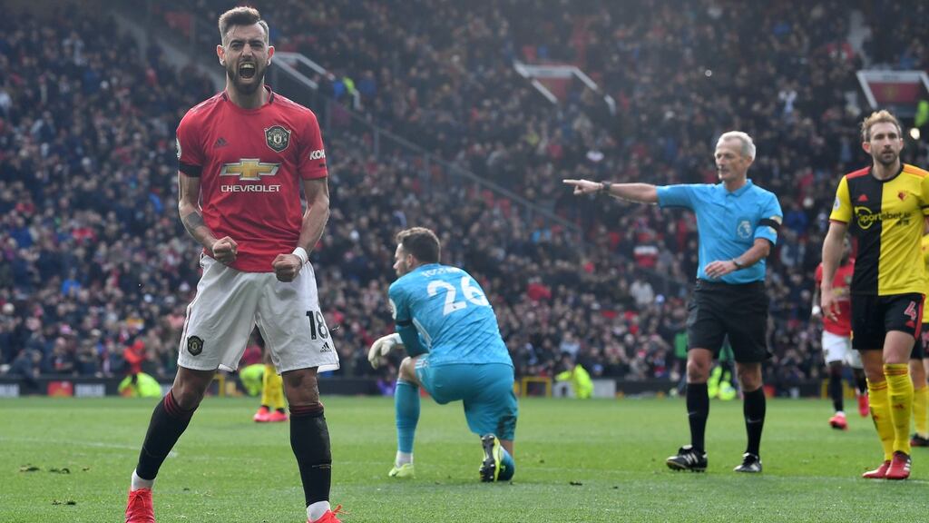 Manchester United’s Bruno Fernandes celebrates scoring the first goal in their 3-0 Premier League victory over Watford. Photo: Paul Elliss/Getty Images