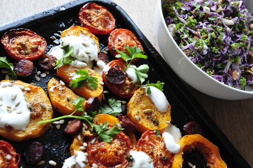 Roasted Butternut Squash with Tomatoes and Chorizo