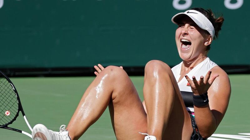 Bianca Andreescu reacts after beating Angelique Kerber in the final at Indian Wells. Photograph: John G Mabanglo/EPA