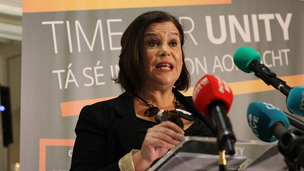 Sinn Féin leader Mary Lou McDonald addressing a party meeting in Belfast. Photograph: Sinn Féin/PA Wire