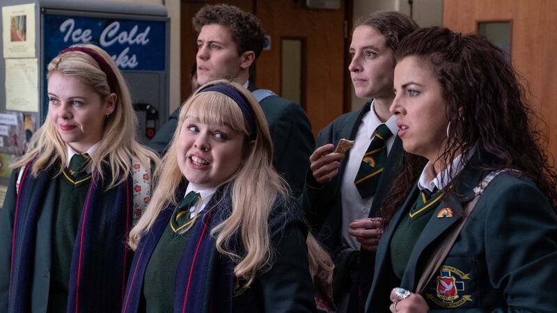 Nicola Coughlan (centre) with Saoirse Monica Jackson, Dylan Llewellyn, Louisa Harland and Jamie-Lee O’Donnell in Derry Girls. Photograph: Peter Marley/Channel 4