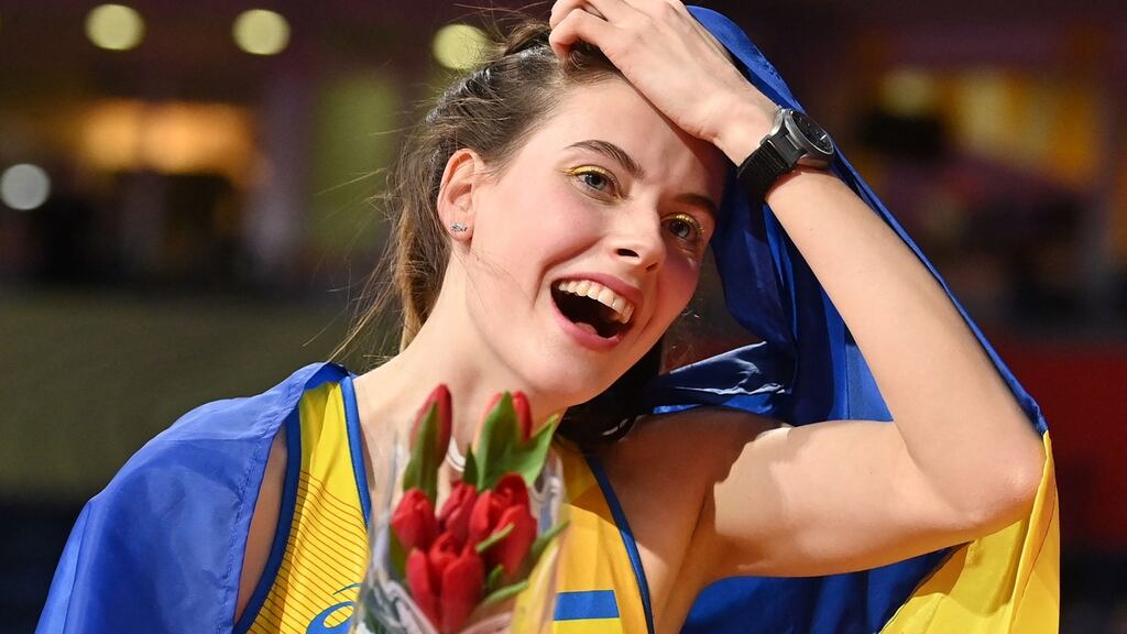 Ukraine’s Yaroslava Mahuchikh celebrates after victory in the women’s high jump final during in Belgrade. Photograph: Getty Images