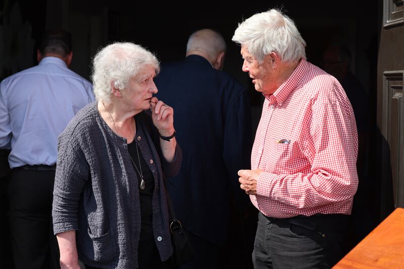 Edna Longley and Dr David Cabot at the service for Michaeal Viney. Photograph: Dara Mac Dónaill