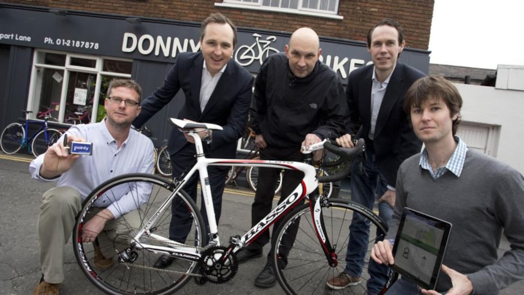 From left: Pointy co-founder Charles Bibby, AIB head of technology, media and telecoms banking John O’ Dwyer, Donnybrook Bikes founder Andrew Verbovsky, Frontline Ventures partner Will Prendergast, and Mark Cummins CEO and co-founder of Pointy. Photo: Colm Mahady/Fennells.