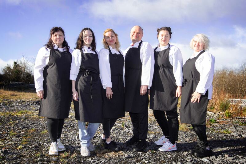 Ukrainians (from left) Olena Mironicheva, Krystyna Holovlova, Valentyna Kotrynets, Sereda Oleh, Kateryba Malkovska and Iryna Krokhina who are taking part in the Culinary and Service Skills course at The Food Hub in Drumshanbo, Co Leitrim. Photograph: Brian Farrell