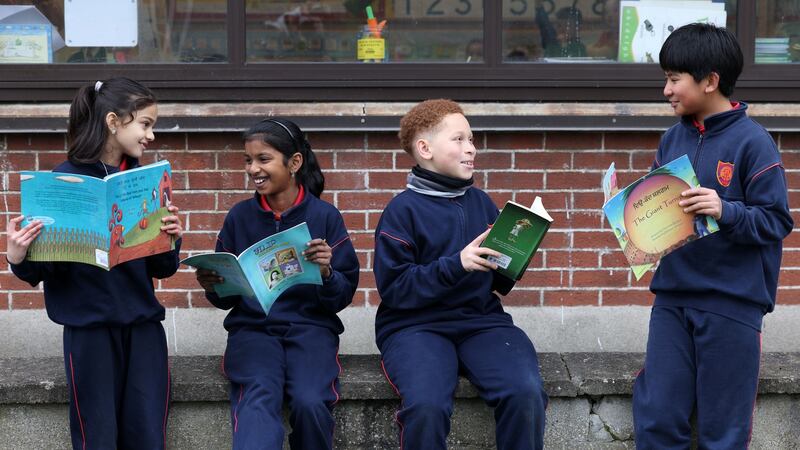 Fourth class pupils at Mother of Divine Grace school, Ballygall, Dublin, from left, Adhira, Roshnirashmita, Aleksander and Shane. Photograph: Laura Hutton