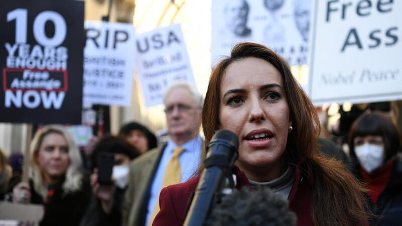 Julian Assange’s fiancee, Stella Moris, speaks outside the high court in London. Photograph:  Andy Rain/EPA