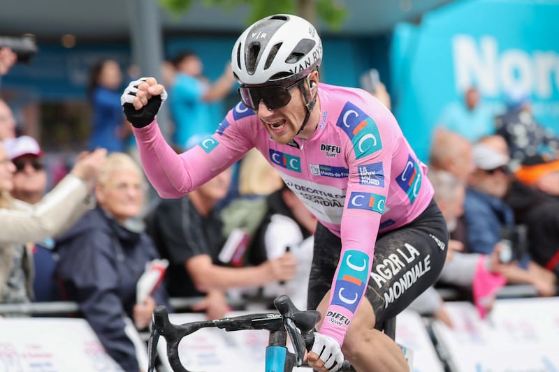 Decathlon AG2R La Mondiale's Sam Bennett celebrates as he crosses the finish line to win the third stage of the "Four days of Dunkirk" cycling race in 2024. Photograph: Francois Lo Presti/ AFP via Getty Images