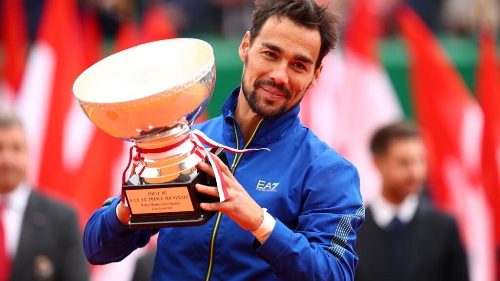 Fabio Fognini holds the winner’s trophy after beating Dusan Lajovic in the men’s singles final during at Monte-Carlo Masters. Photograph: Clive Brunskill/Getty Images