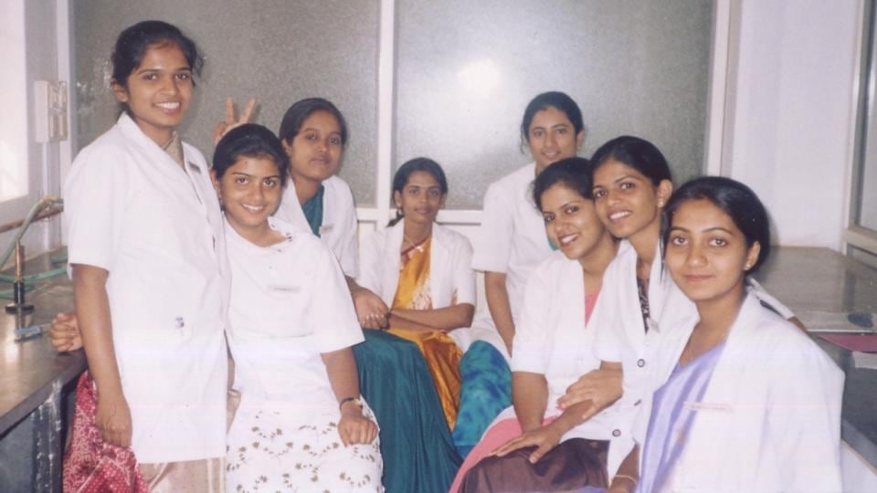 Changing faces: Savita with her dentistry classmates at KLE University in 2001 or 2002