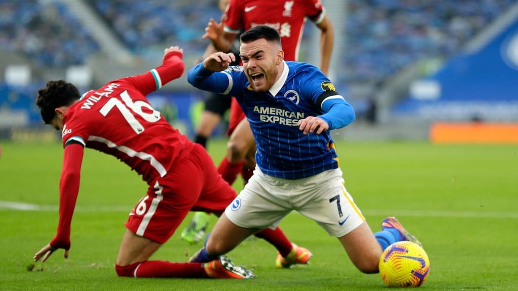 Brighton attacker Aaron Connolly from Galway in action against Liverpool. Photograph: Inpho