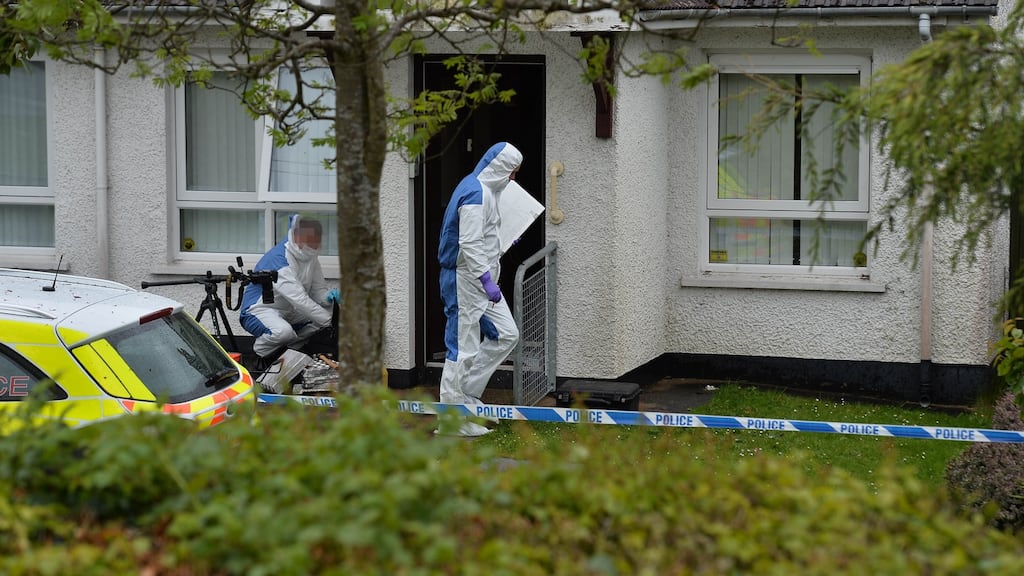 Forensics at the scene of the stabbing at Cairn Walk in Crumlin. Photograph: Pacemaker
