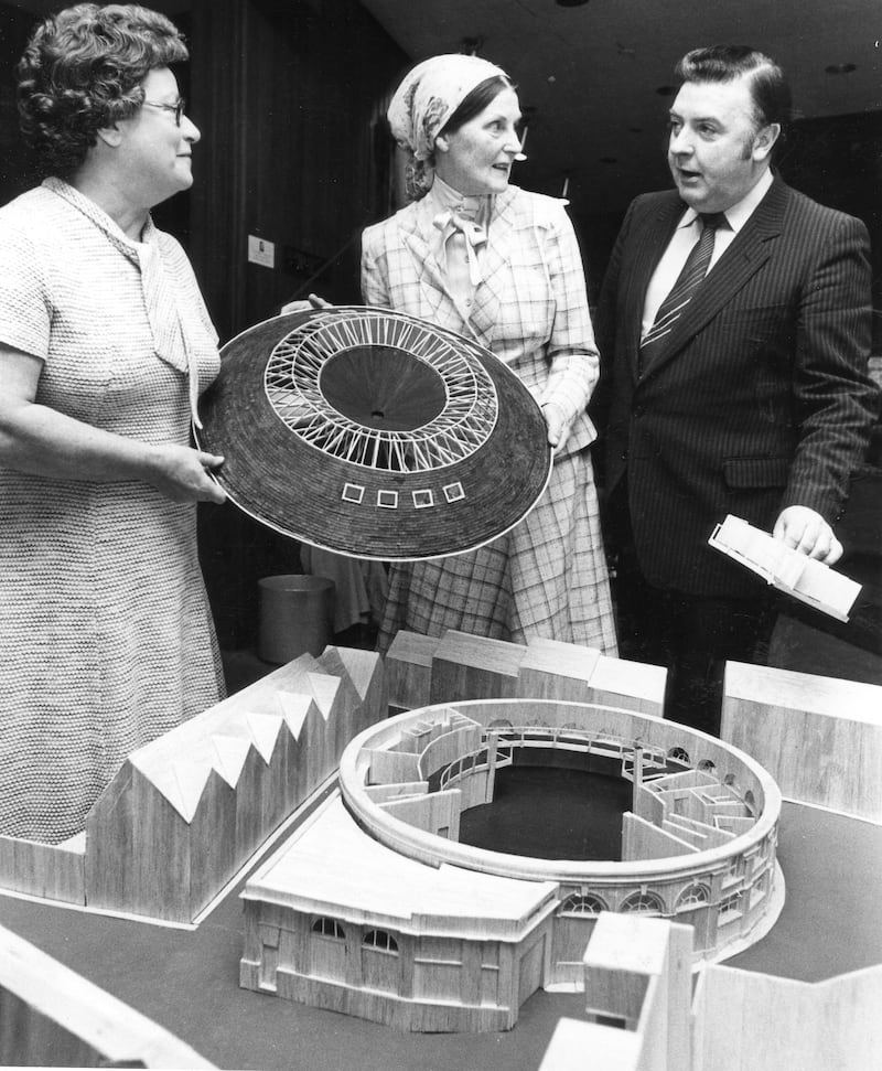 Irish National Ballet: Joan Denise Moriarty (centre), company administrator Muriel Large and general manager Tom Donnelly with a model of the company's new home at the Firkin Crane theatre, in Cork, in 1980. Photograph: Peter Thursfield