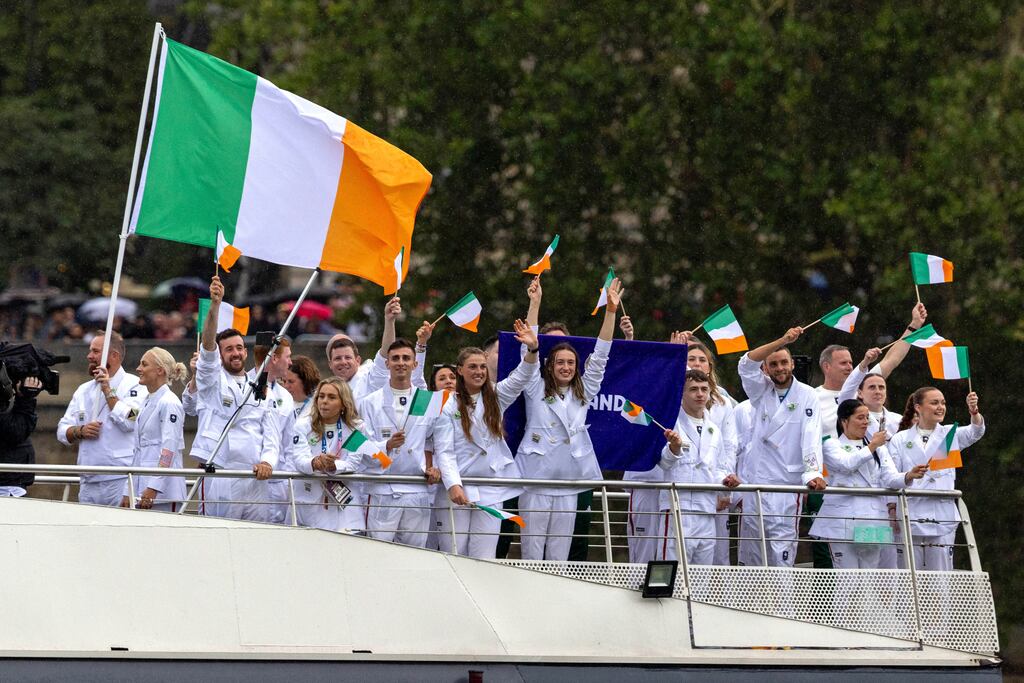 Members of the Ireland Olympic team including flag bearers Shane Lowry and Sarah Lavin during the Paris 2024 Olympic Games Opening Ceremony. Photograph: Morgan Treacy/Inpho