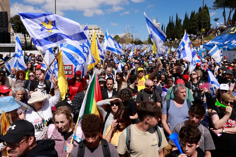 Protesters in Jerusalem on Wednesday demanding an end to Israel's war on Gaza. Photograph: Menahem Kahana/AFP via Getty Images