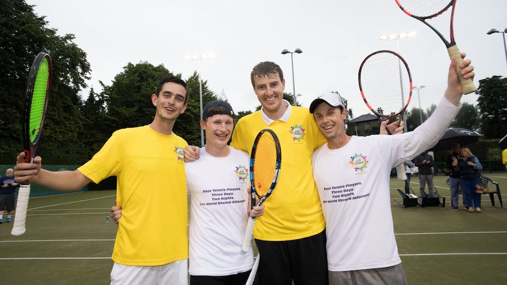 Dan O’Neill, Luke Maguire, James Cluskey and David Mullins celebrate after their Guinness World Record attempt at Fitzwilliam Lawn Tennis Club in Dublin. Photograph: Tom Honan