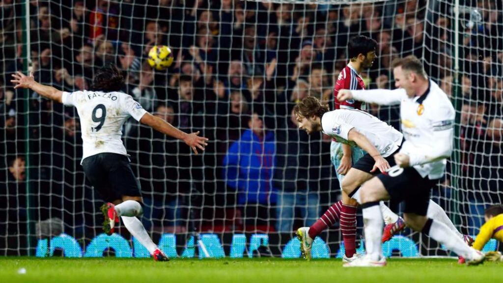 Manchester United’s Daley Blind celebrates scoring against West Ham United yesterday evening. Photograph: Eddie Keogh/Reuters