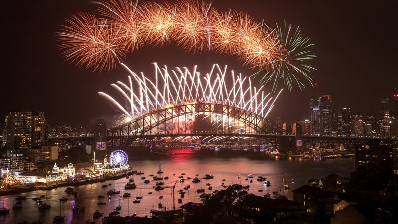 Fireworks light up the sky above Sydney Harbour during the midnight fireworks display during New Year’s Eve celebrations on January 1st, 2020 in Sydney, Australia. Photograph: Cameron Spencer/Getty