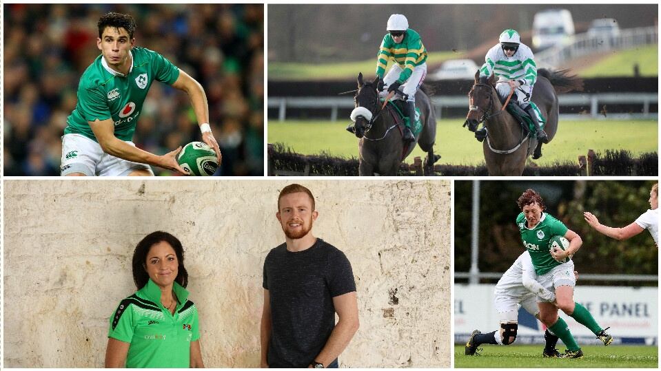 Sport: (clockwise from top left) Joey Carbery in action for Ireland during the autumn internationals; jockey Rachael Blackmore (on right) in action against Barry Geraghty; Lindsay Peat in rugby mode - she also excels at Gaelic football and basketball; Boxer Christina McMahon and soccer player Séan Hoare