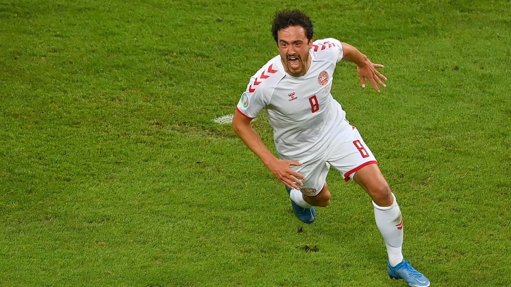 Thomas Delaney celebrates after scoring Denmark’s opening goal against the Czech Republic. Photograph: Dan Mullan/Getty/AFP