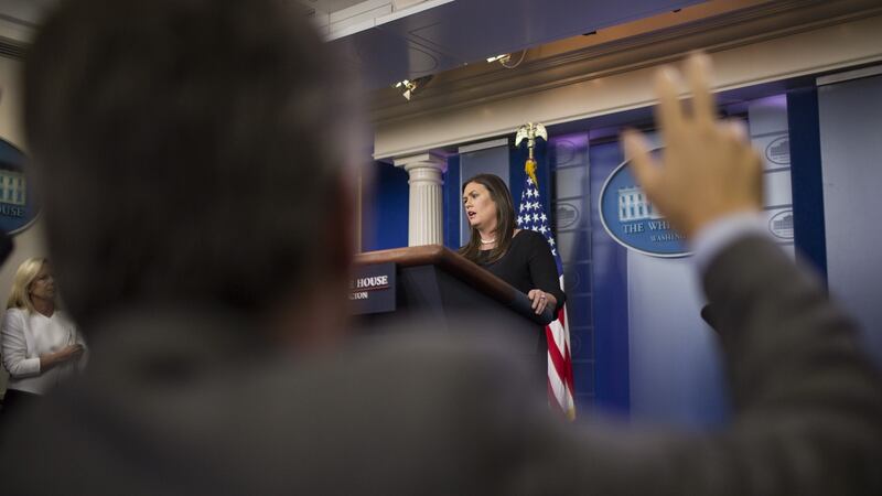 Sarah Huckabee-Sanders, White House press secretary, speaks during a press briefing in Washington, on Thursday. Photograph: Zach Gibson/Bloomberg