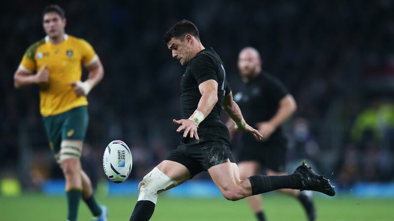 Dan Carter of New Zealand clears the ball during the 2015 Rugby World Cup. Photograph David Rogers/Getty