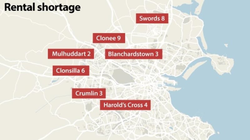 Some places around Dublin and the number of properties available to rent there.